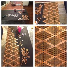 four pictures show the process of making a mosaic table top with coins on it, and one photo shows how to make a mosaic table top