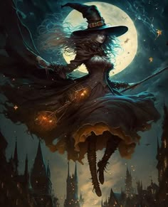 a witch flying through the air on her broom