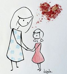 a drawing of a mother holding her child's hand