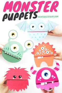 hands holding paper monsters with the title monster puppets