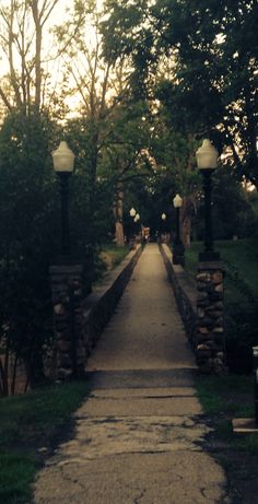 the walkway is lined with stone pillars and lamps on either side, leading to trees