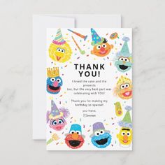 a birthday card with sesame characters and the words thank you on it, in front of a white background