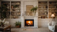 a living room filled with furniture and a fire place next to a book shelf full of books