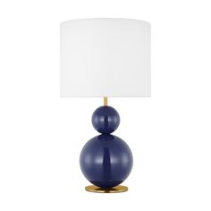 a blue table lamp with a white shade