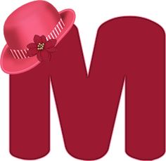 the letter m has a pink hat and flower on it's brimming