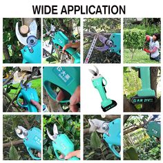 several pictures of various tools that are being used to trim trees with scissors and tape