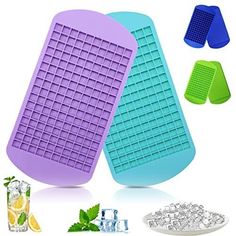 two ice trays, one in blue and one in green are next to each other