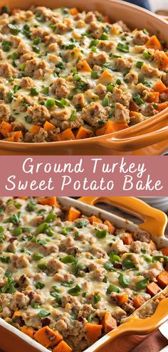 ground turkey sweet potato bake in an orange casserole dish