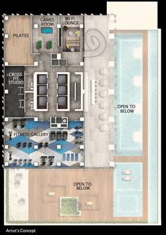 the floor plan for an apartment with swimming pool and hot tubs, including two separate rooms