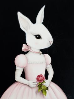 a painting of a white rabbit in a pink dress with a rose on it's chest