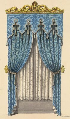 a drawing of a curtain with gold trim and blue curtains on the sides, in front of a window