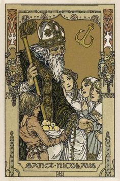 an old tarot card with the image of saint nicholas holding a cross and two children