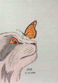 a drawing of a cat with a butterfly on it's head and the words upop written below