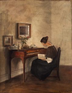 a painting of a woman sitting at a desk with a book in front of her