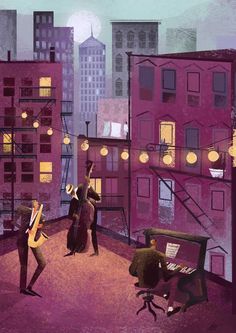 an illustration of people playing instruments in the city at night with lights strung from above