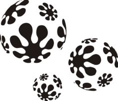 three black and white balls with different designs on the top one has an upside down design