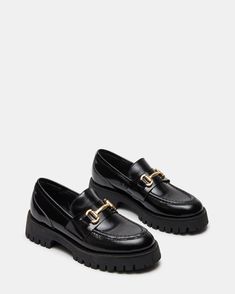 LANDO Black Leather Loafer | Women's Lug Loafer – Steve Madden Steve Madden Loafers, Steve Madden Store, Prep School, Black Leather Loafers, Platform Loafers, Black Loafers, 5 Inch Heels, Lug Sole, Ankle Socks