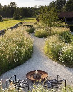 an outdoor fire pit in the middle of a gravel path surrounded by wildflowers