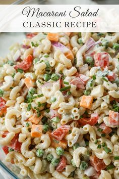 macaroni salad in a glass bowl with text overlay that reads macaroni salad classic recipe