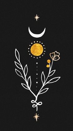 a black background with gold and white designs on it, the moon is in the sky