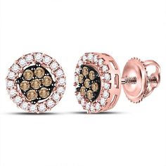 10K White & Rose Gold Flower Shape Halo Studs Channel Set Chocolate Brown & White Diamond Earrings (1/4 cttw.) Gold Earring Studs, Rose Gold Earring, White Diamond Earrings, Rose Gold Brown, Diamond Cluster Earrings, Flower Cluster, Earring Ring, Ring Pendant, Brown Diamond