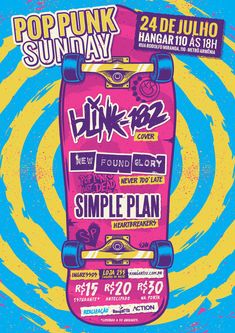 the poster for pop punk sunday features a pink skateboard with yellow and blue swirls