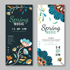 two banners for spring music with colorful flowers and leaves on the front, side and back