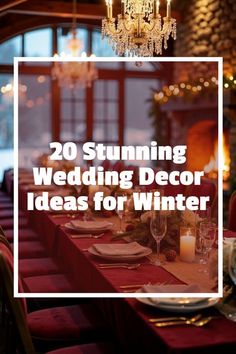 a dining room table set for winter with candles and place settings in the center, surrounded by chandeliers