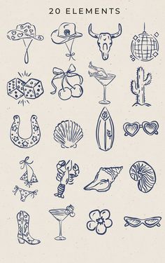 an image of various items drawn in blue ink on a white paper with the words 20 elements