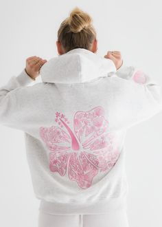 "Hawaii Hibiscus" Hoodie in Heather Cloud – Pink Palm Puff Preppy Embroidery, Hawaii Hibiscus, Aesthetic Hoodies, Yellow Hibiscus, Y2k Women, Heather White, Teen Girls, Oversized Sweatshirt, Oversize Hoodie