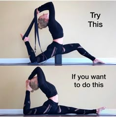 a woman is doing yoga on the floor with her hands behind her head and legs