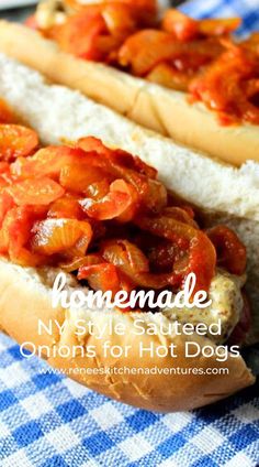 Two hot dogs topped with Homemade NY-style sauteed onions and brown mustard side by side and ready to eat. Asian Steak Bites, Creamy Pasta Bake, Easy Summer Dinners, One Pot Pasta Recipes, One Pot Dinners