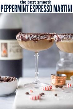 two glasses filled with chocolate peppermint espresso martinis on a table