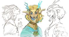 three different sketches of the same character, one with horns and two with horns on their head