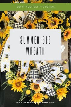 a wreath with sunflowers and checkered flip flops on it that says summer bee wreath