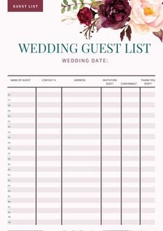 a wedding guest list with flowers on the front and bottom, in purples and pinks