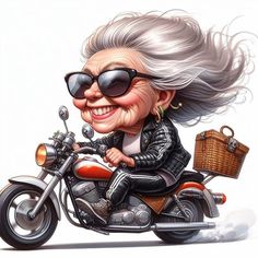 a caricature of an old woman riding on a motorcycle with a basket in her hand