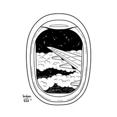 an airplane window with clouds and stars in the sky as seen from it's inside