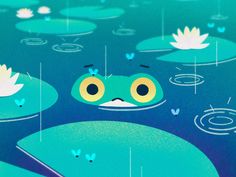 an illustration of a frog in the water with lily pads on it's back