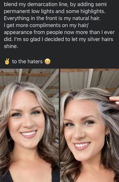 Blending Dark Hair With Grey Roots, Transition Gray Hair With Highlights, Best Hair Color To Hide White Hair, Highlights On Brown Hair To Hide Gray, Blonde Grey Brown Hair, Gray Hair Ideas For Brunettes, Blend Gray Roots Brunettes, Transition Brunette To Gray, Hair That Hides Grey