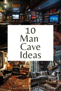 the top ten man cave ideas for men's rooms and living room areas, including couches, tvs, bookshelves