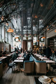 people sitting at tables in a restaurant with lots of windows and plants hanging from the ceiling