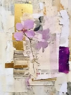 an abstract painting with purple flowers on it's side and white paper in the background