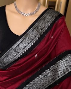 PRODUCT DETAILS Reddish Marron silk cotton saree with silver zari border and butta all over saree.. comes with contrast Black pallu and blouse. Saree height: 48 inches. Saree length: 5.5 meters. Blouse: 80cm CARE: NORMAL WASH.  * Occasions: Wedding Wear, Party Wear, Festive Wear, Durga Puja, Indian Wear, Sangeet Wear, Bridal Wear, Chrismas Day, Mothers Day, Haldi Wear, Karwachauth Blouse, Christmas Gifts NOTE *Actual color may vary slightly from your monitor. *We dispatch the product within 5 da Indian Saree Wedding, Cotton Saree Blouse Designs, Saree Wearing, Trendy Outfits Indian, Casual Indian Fashion