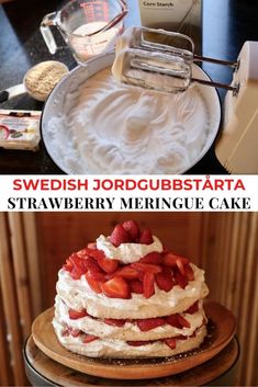 strawberry meringue cake on a wooden plate with the words swedish jordggugbstart