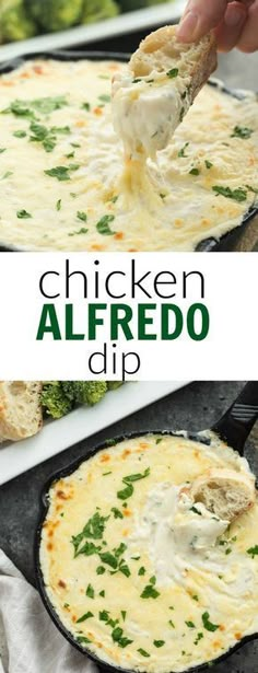 chicken alfredo dip in a cast iron skillet