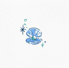 a drawing of a seashell on white paper with blue watercolors and stars in the background