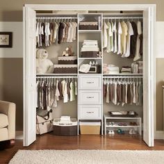 an organized closet with clothes and other items