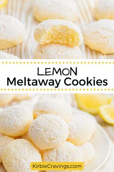 lemon meltaway cookies on a white plate with the title in the middle and below