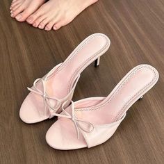 LBSFY - Pink Bow Women's Sandals Fashion 2024 One line Summer Slim Heel High Heels Versatile Casual Women's Sandals Vintage Pink Heels, Pink Prom Shoes, Summer Pink Aesthetic, Baby Pink Heels, Beach Heels, Sandals Aesthetic, Kitty Heels, Mini Heels, Light Pink Heels